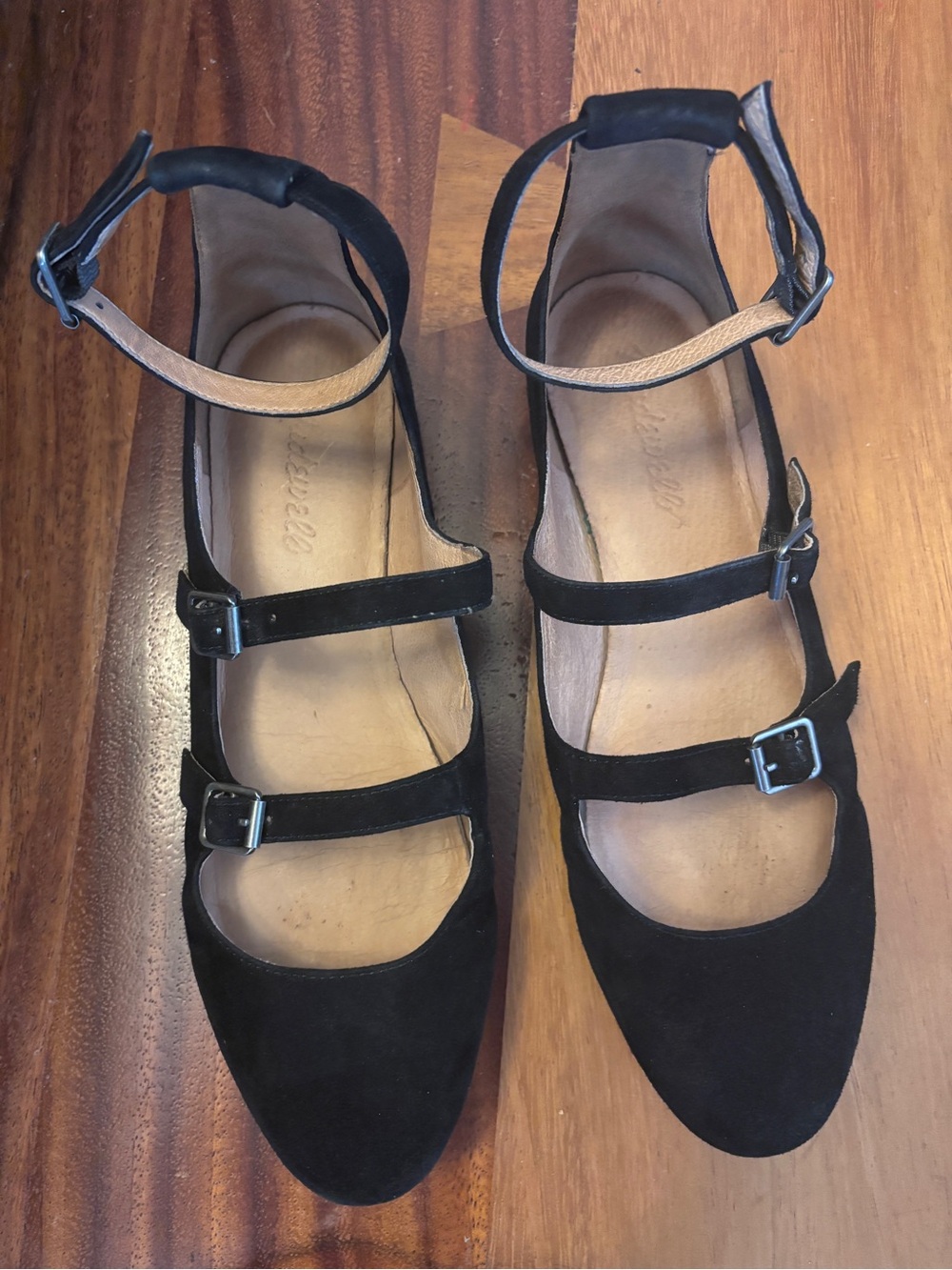 Madewell Black Triple-Strap Suede Flats with Ankle Buckle